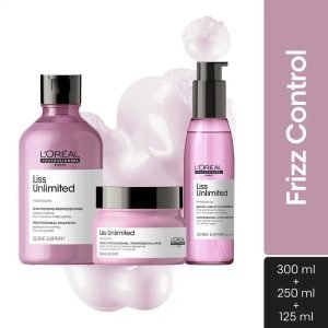 L'Oreal Professionnel Serie Expert Liss Unlimited Shampoo + With Combo of Liss Unlimited Mask+ Liss Unlimited Blow Dry Serum (250 ml +250 gm +125 ml) Combo of 3